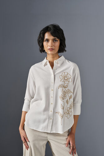 Floral Touch Viscose Linen Blend Shirt, White, image 1
